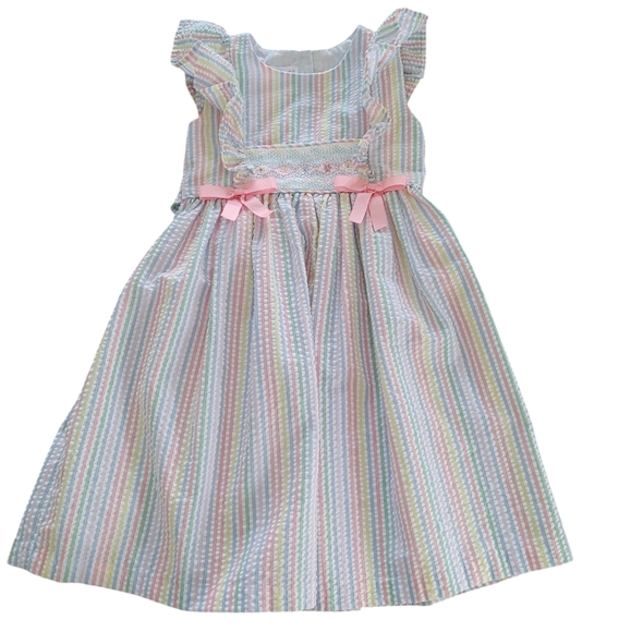 Bonnie Jean Girls Flutter Sleeved Striped Seersucker Dress w/ Smocking & Bows - Picture 7 of 7